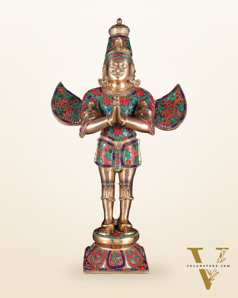 Brass standing Garuda Statue with Meenakari , 22" Tall