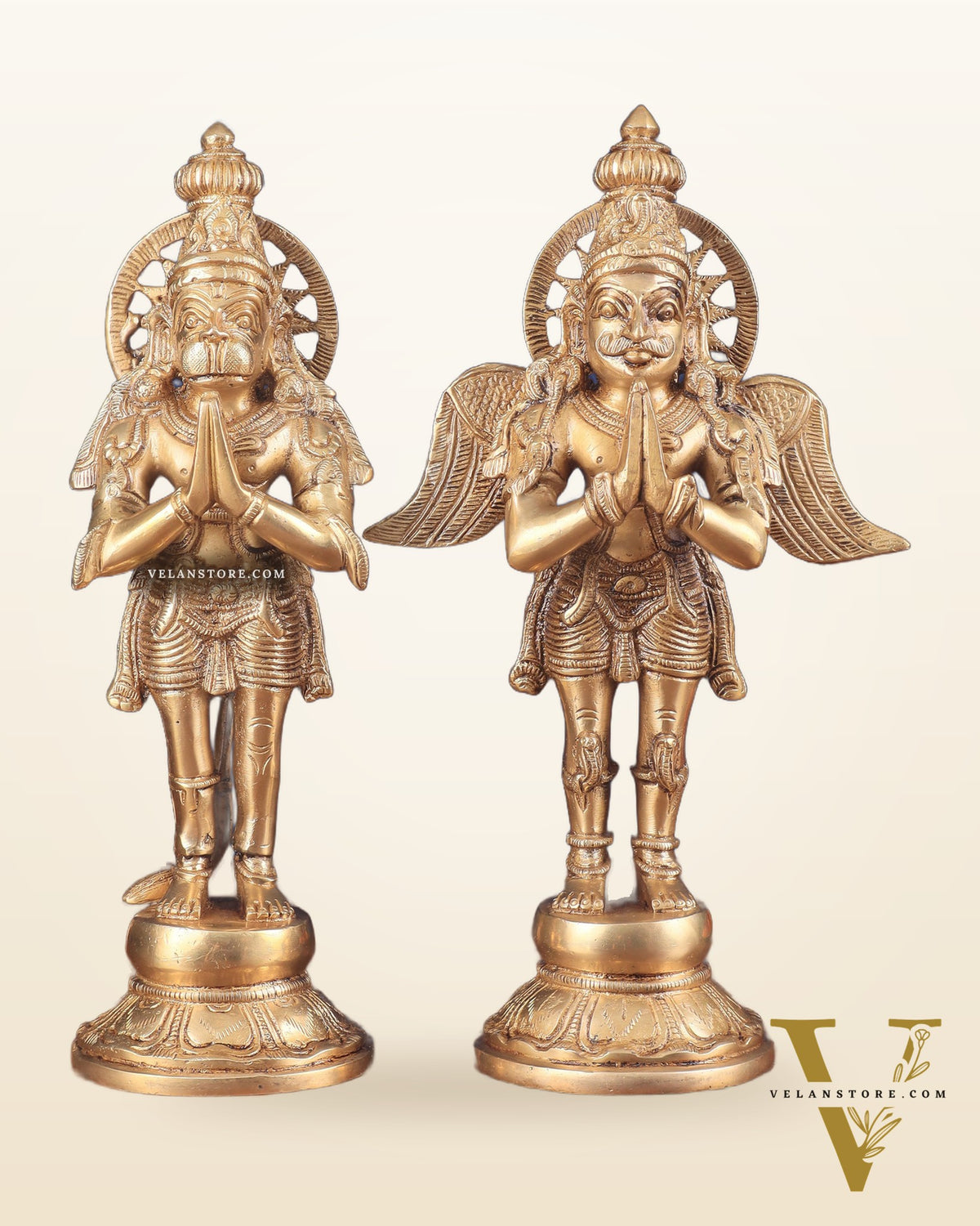 Brass Standing Hanuman and Garuda Idol Pair 12"