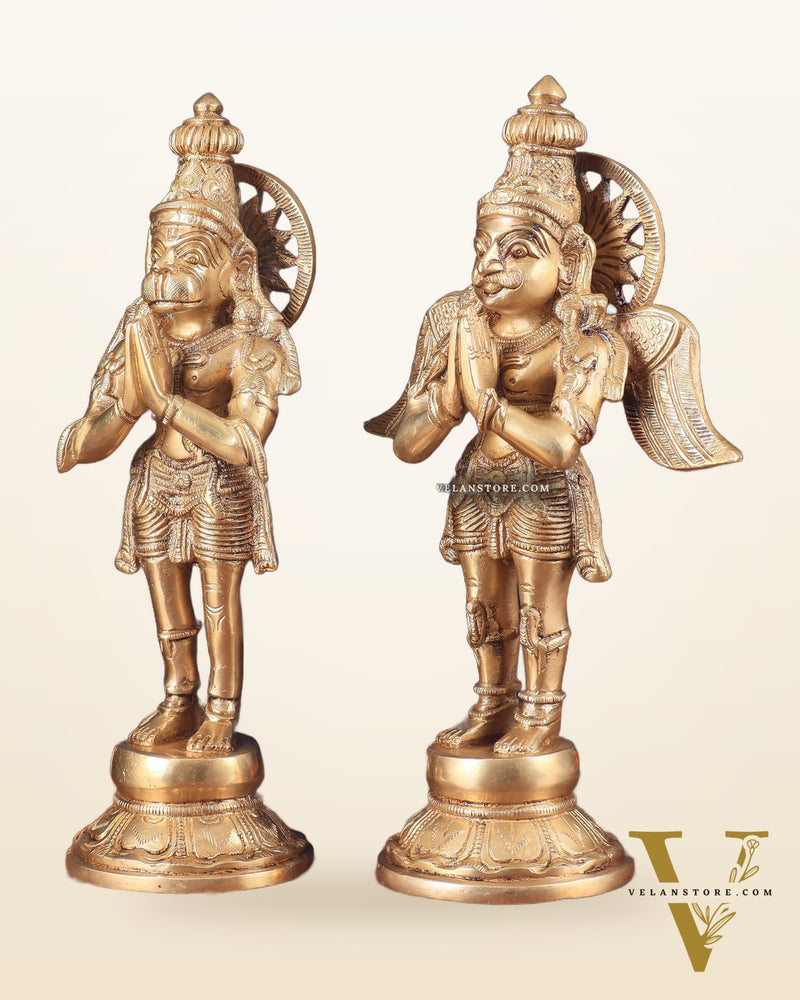 Brass Standing Hanuman and Garuda Idol Pair 12"