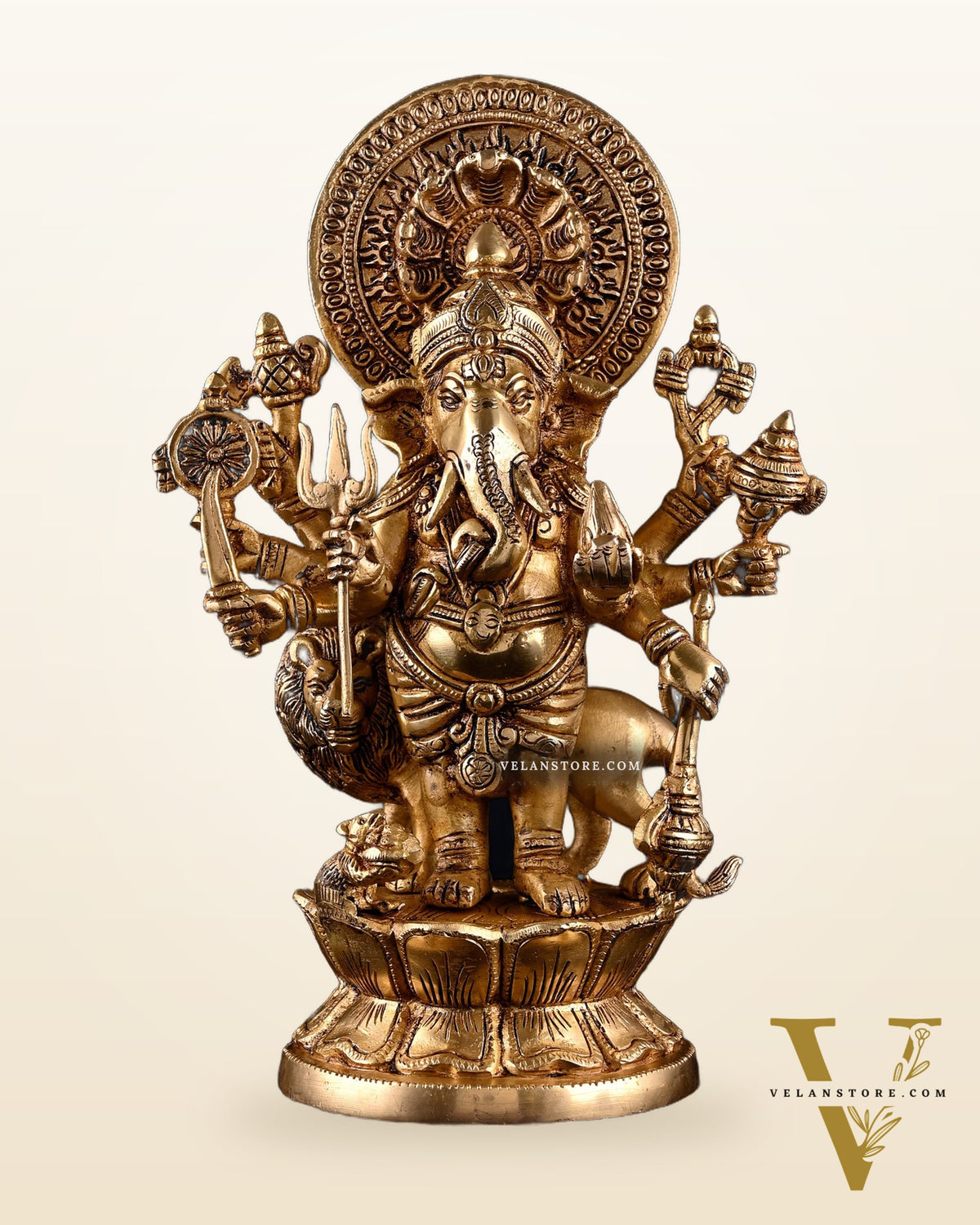 Brass Standing Kana Drishti Ganesha with Eight Arms and Lion 11.4 inch