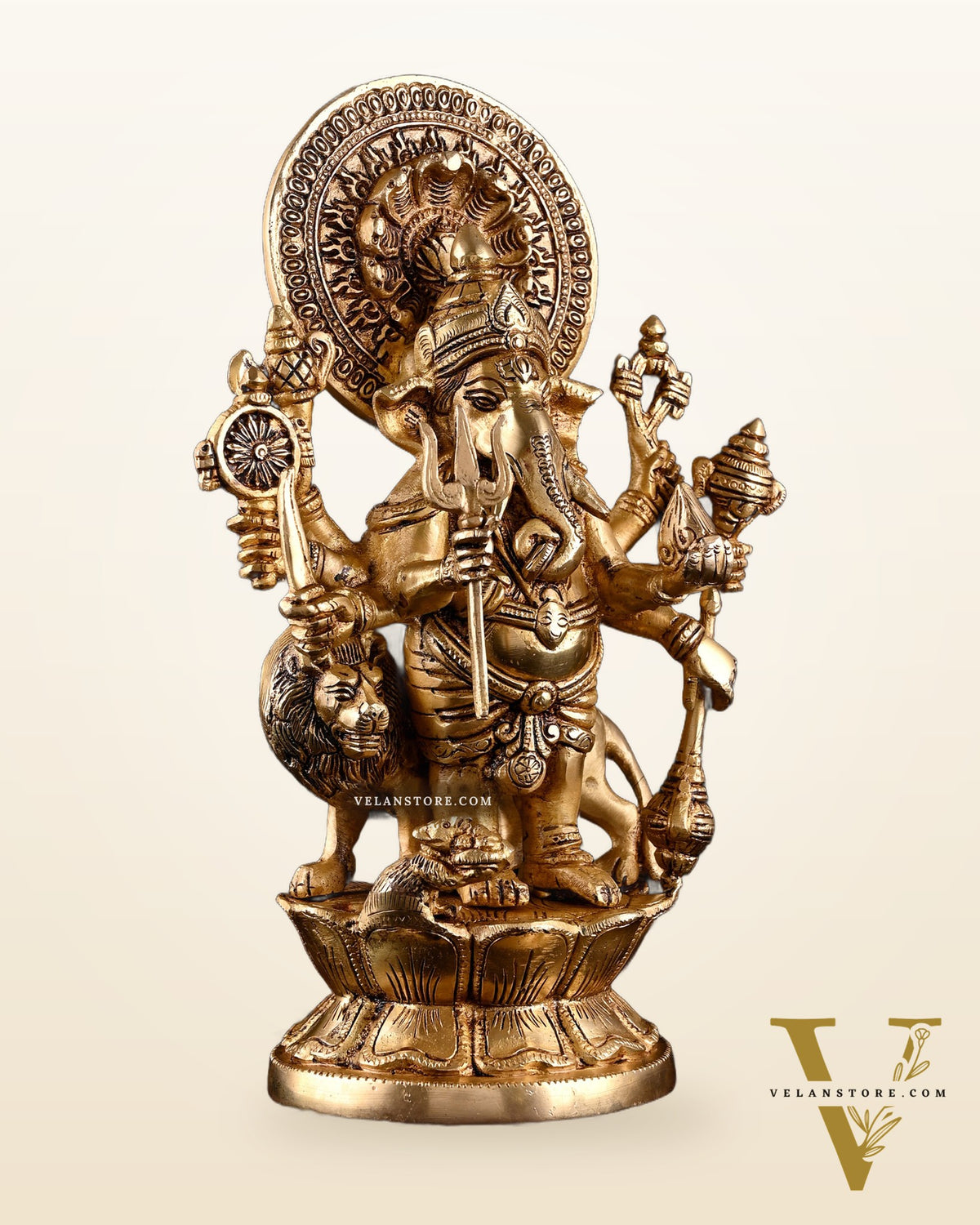 Brass Standing Kana Drishti Ganesha with Eight Arms and Lion 11.4 inch