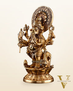 Brass Standing Kana Drishti Ganesha with Eight Arms and Lion 11.4 inch
