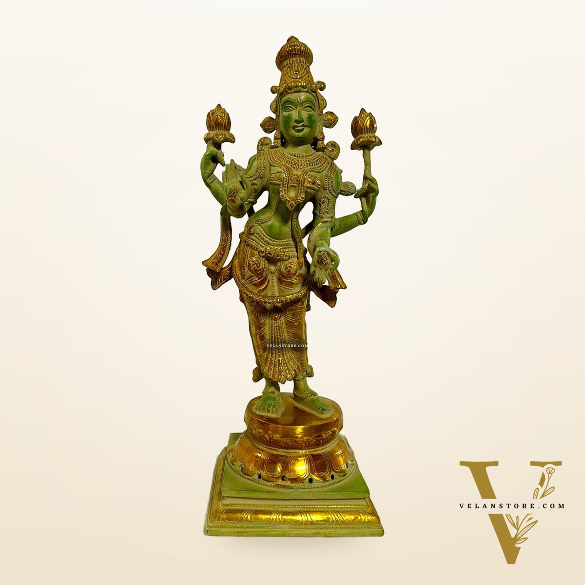 Brass Standing Lakshmi Idol - 19 Inch, Sand finish Green