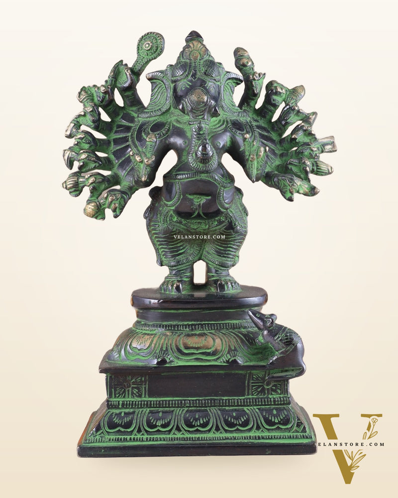 Brass Standing Lord Ganesha Idol with 16 Arms - 8.5 Inch black and green patina tone