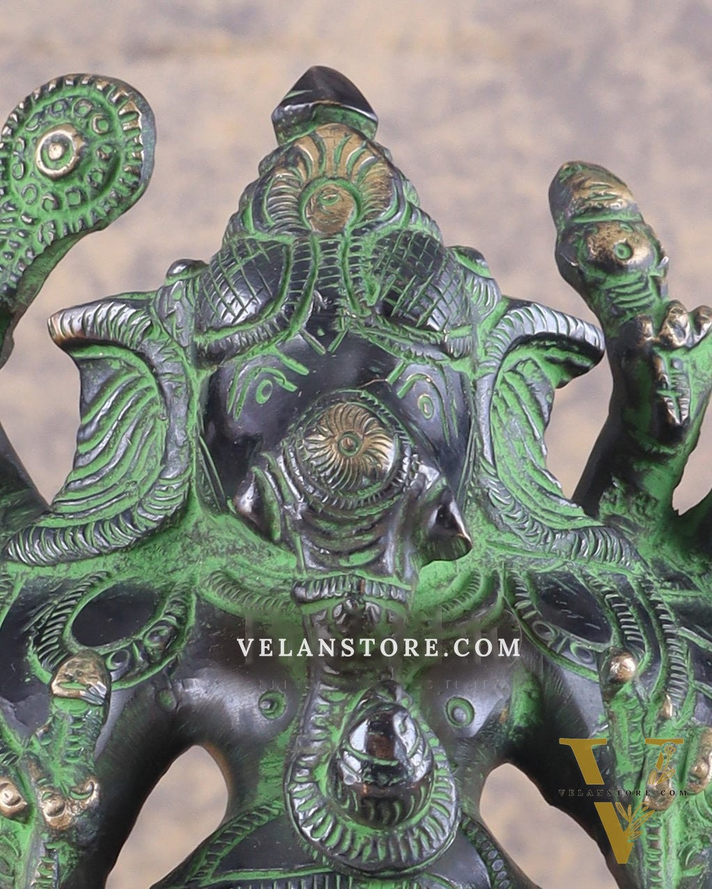 Brass Standing Lord Ganesha Idol with 16 Arms - 8.5 Inch black and green patina tone