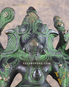Brass Standing Lord Ganesha Idol with 16 Arms - 8.5 Inch black and green patina tone