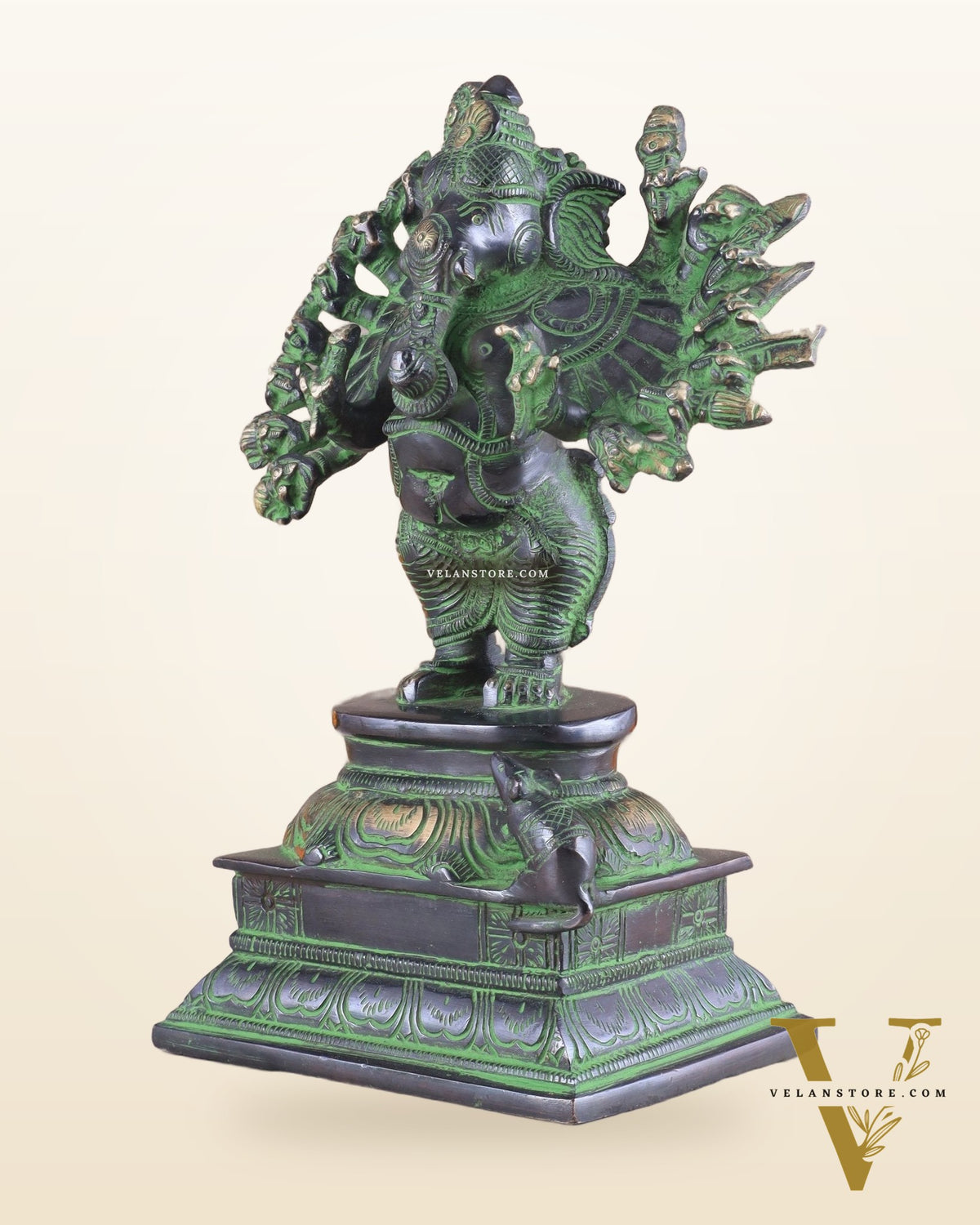 Brass Standing Lord Ganesha Idol with 16 Arms - 8.5 Inch black and green patina tone