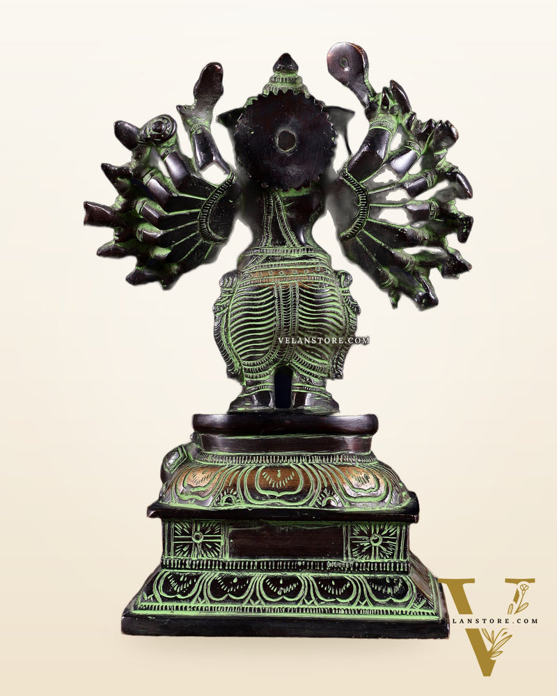Brass Standing Lord Ganesha Idol with 16 Arms - 8.5 Inch black and green
