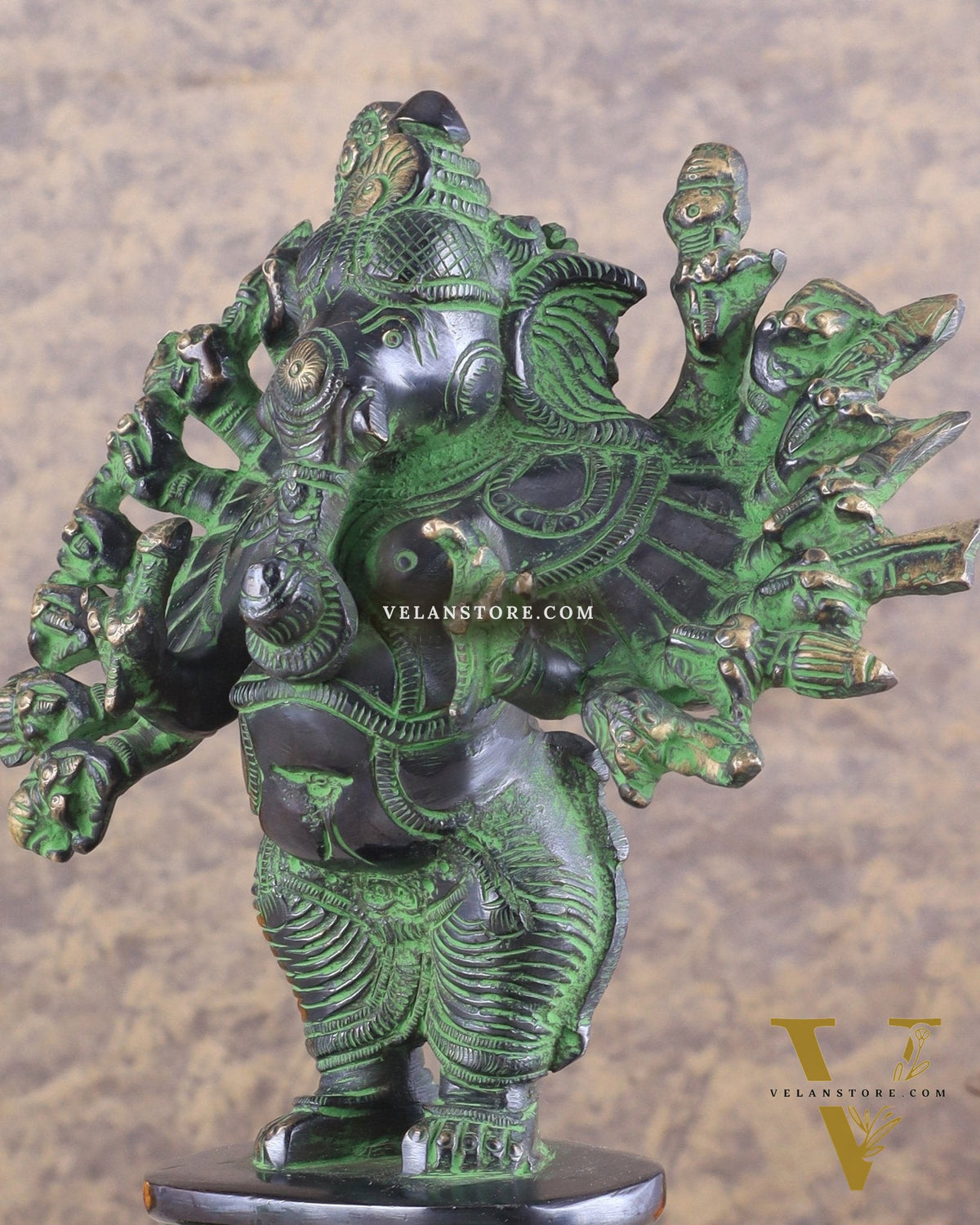 Brass Standing Lord Ganesha Idol with 16 Arms - 8.5 Inch black and green patina tone