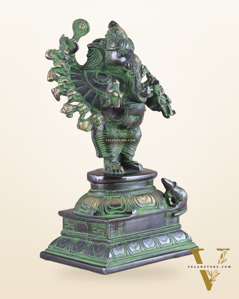 Brass Standing Lord Ganesha Idol with 16 Arms - 8.5 Inch black and green patina tone