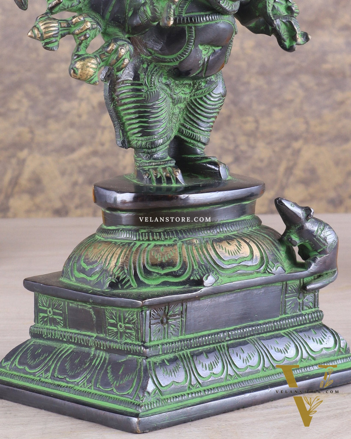 Brass Standing Lord Ganesha Idol with 16 Arms - 8.5 Inch black and green patina tone