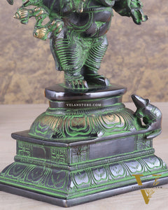 Brass Standing Lord Ganesha Idol with 16 Arms - 8.5 Inch black and green patina tone