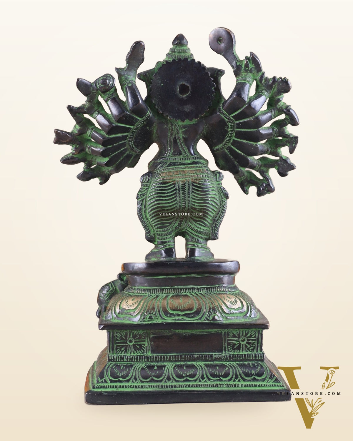 Brass Standing Lord Ganesha Idol with 16 Arms - 8.5 Inch black and green patina tone