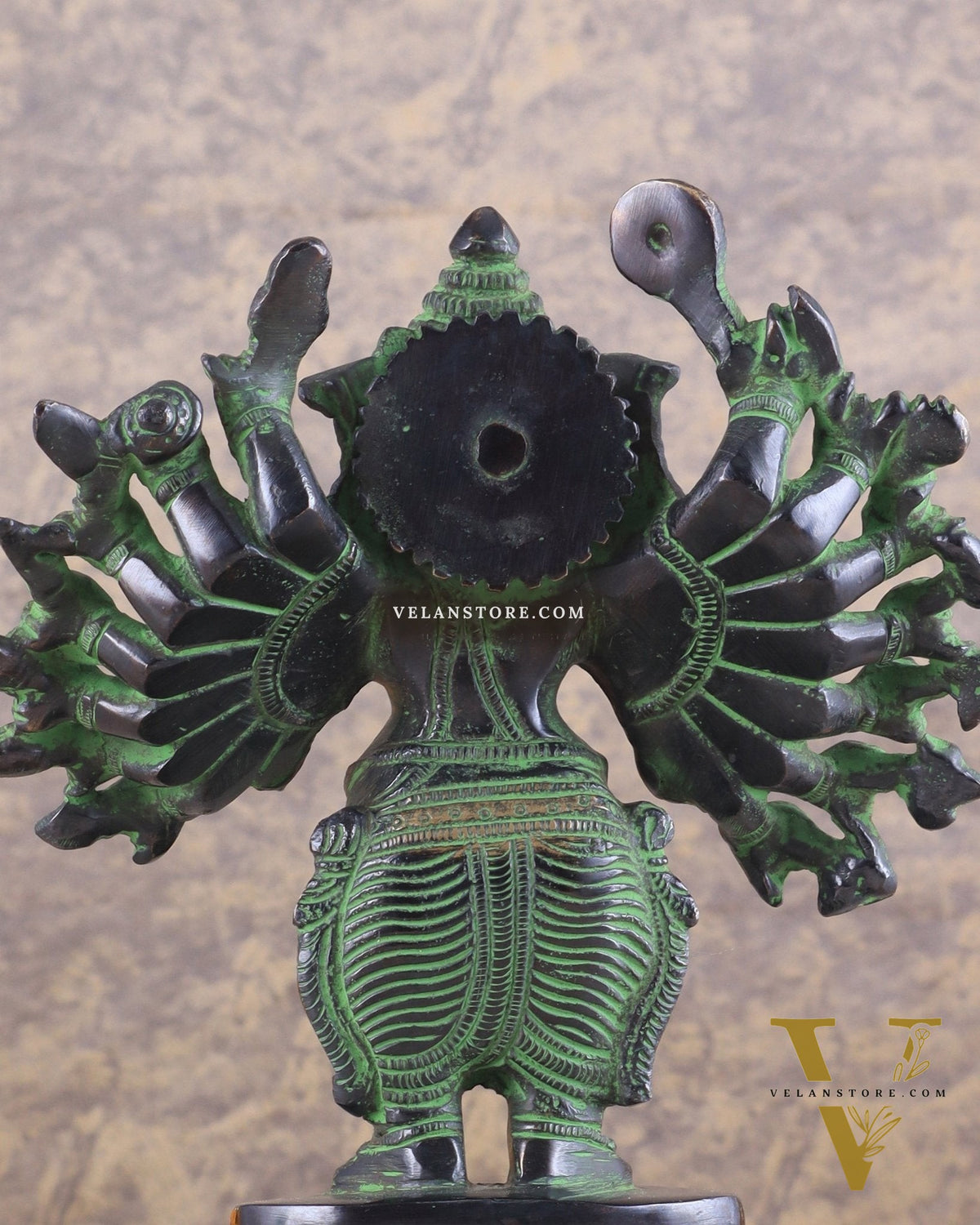 Brass Standing Lord Ganesha Idol with 16 Arms - 8.5 Inch black and green patina tone