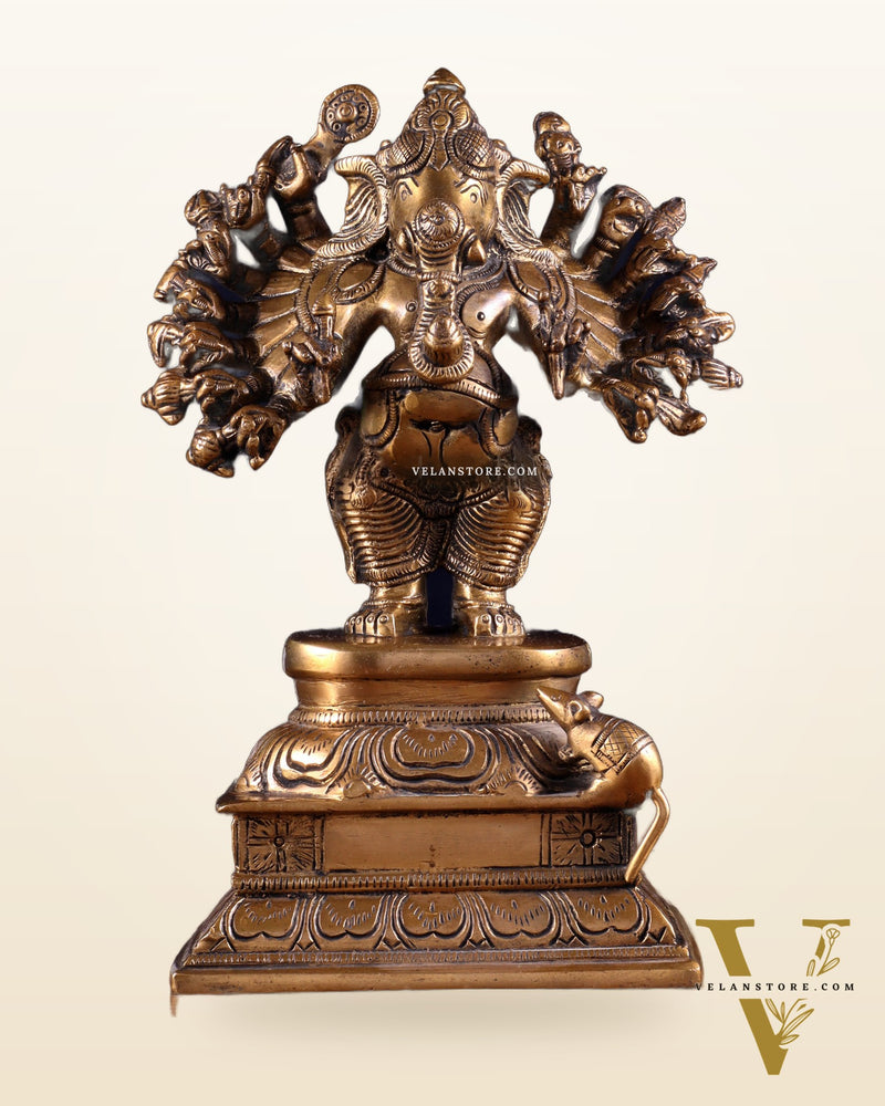 Brass Standing Lord Ganesha Idol with 16 Arms - 8.5 Inch