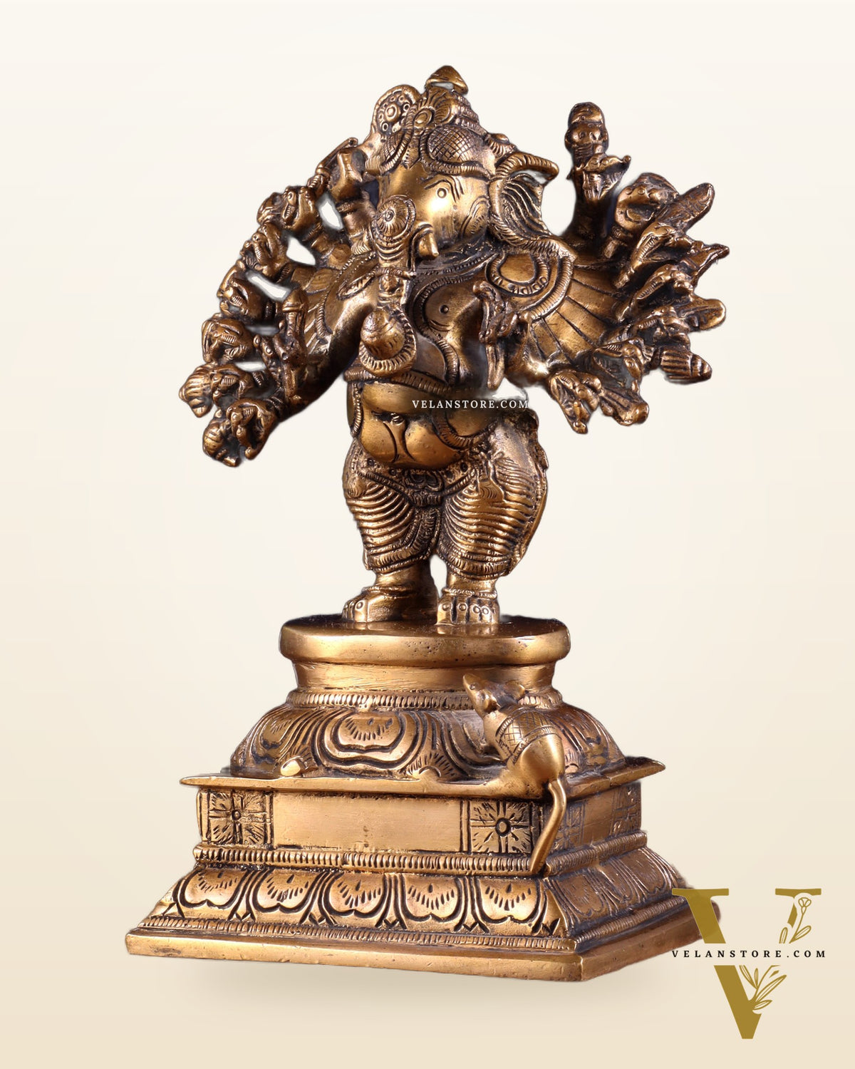 Brass Standing Lord Ganesha Idol with 16 Arms - 8.5 Inch