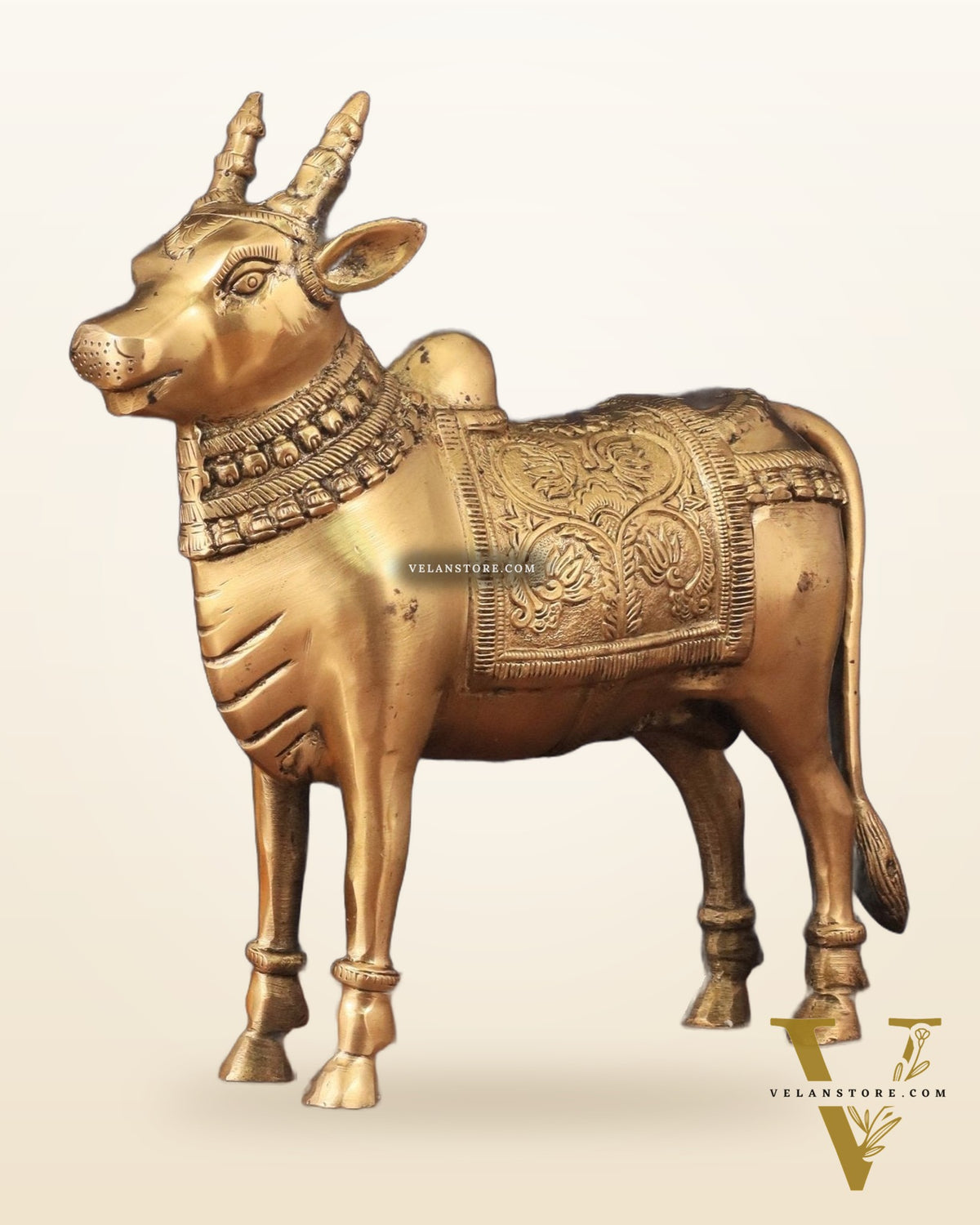 Brass Standing Nandi Statue in Golden Tone - 16"
