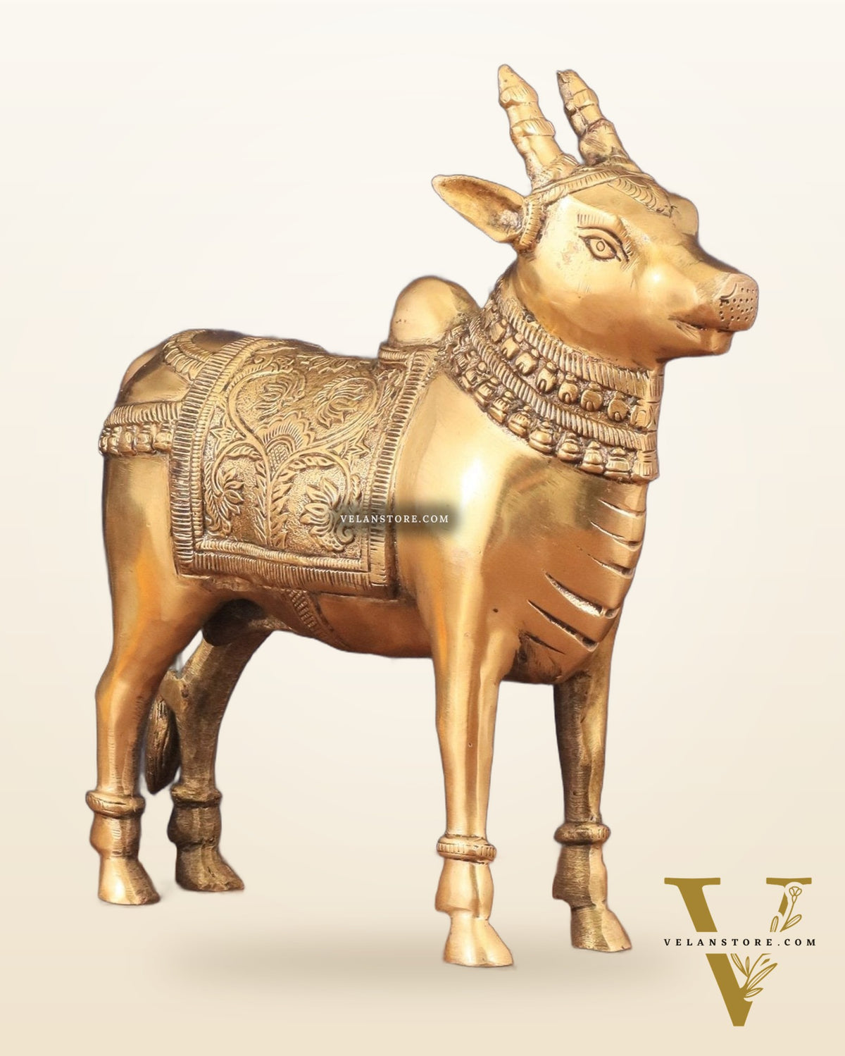Brass Standing Nandi Statue in Golden Tone - 16"
