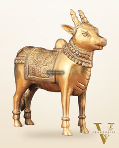 Brass Standing Nandi Statue in Golden Tone - 16"