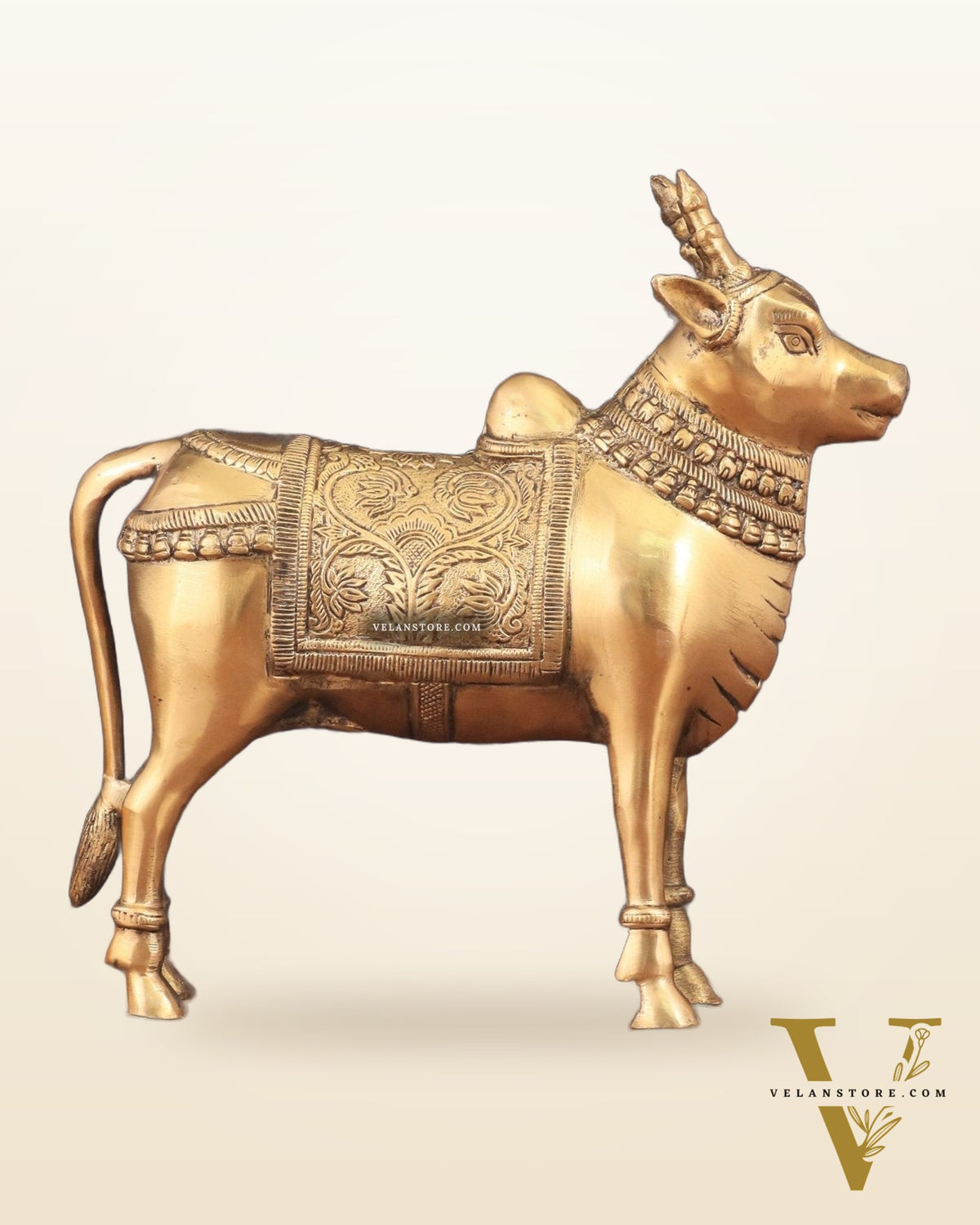 Brass Standing Nandi Statue in Golden Tone - 16"