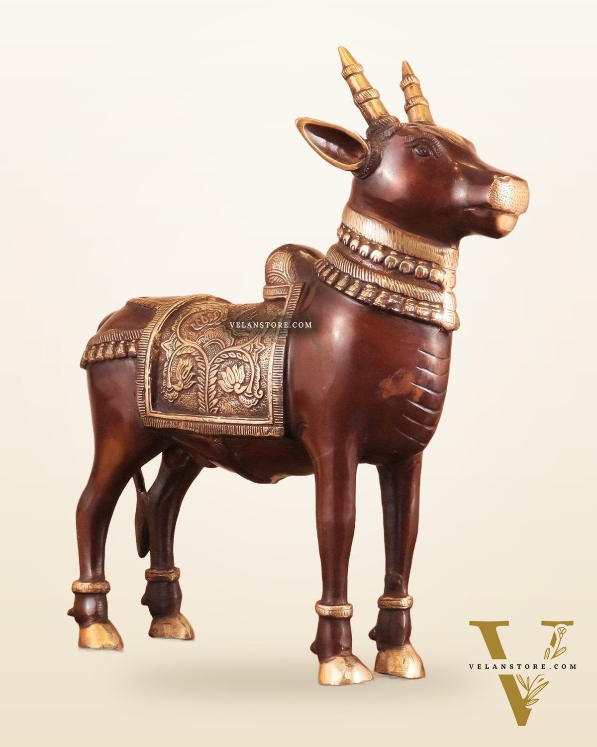 Brass Standing Nandi Statue in vintage Tone - 16"