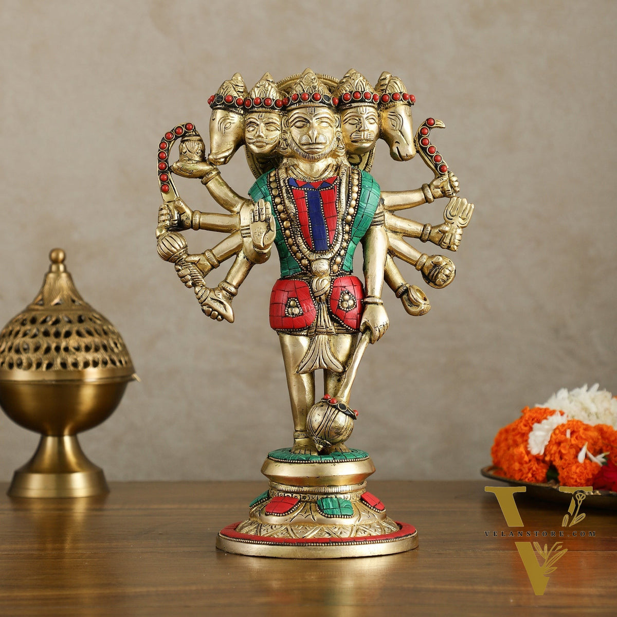Brass Standing Panchmukhi Hanuman Idol 12 inch with stonework