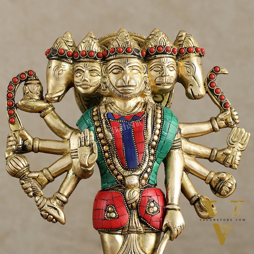 Brass Standing Panchmukhi Hanuman Idol 12 inch with stonework