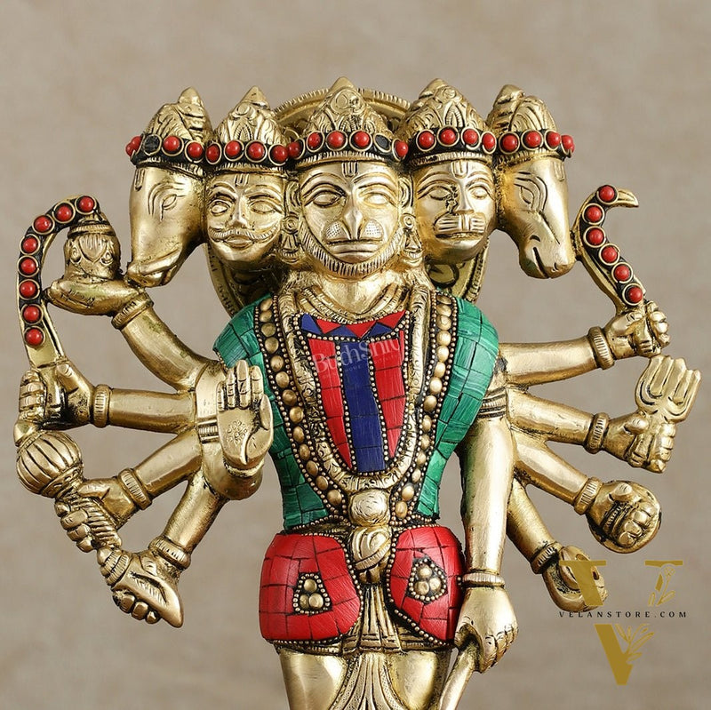 Brass Standing Panchmukhi Hanuman Idol 12 inch with stonework