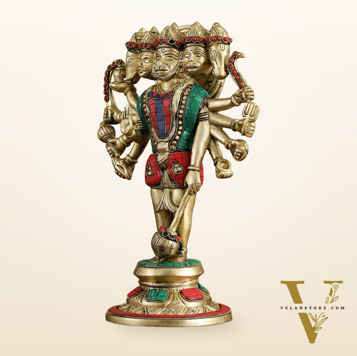Brass Standing Panchmukhi Hanuman Idol 12 inch with stonework