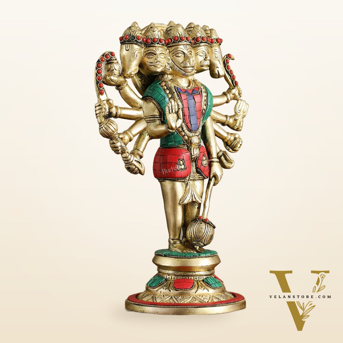 Brass Standing Panchmukhi Hanuman Idol 12 inch with stonework