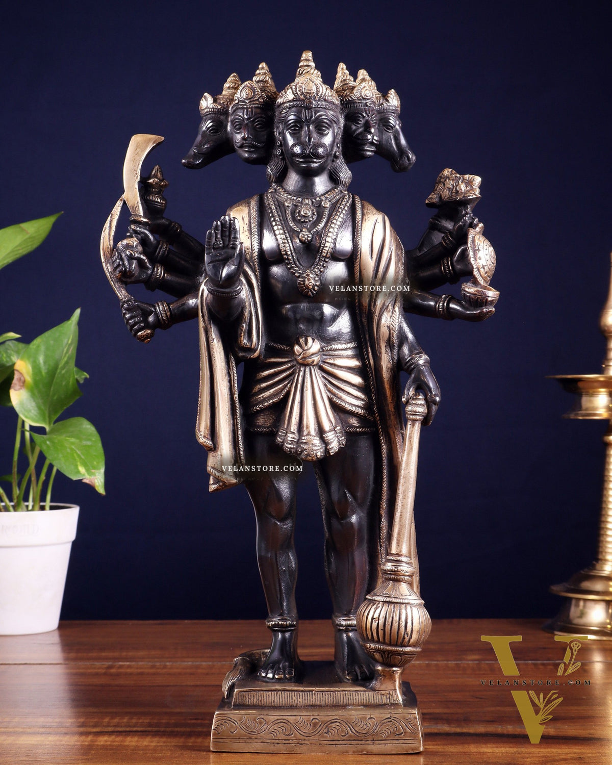 Brass Standing Panchmukhi Hanuman idol 14" black and gold finish