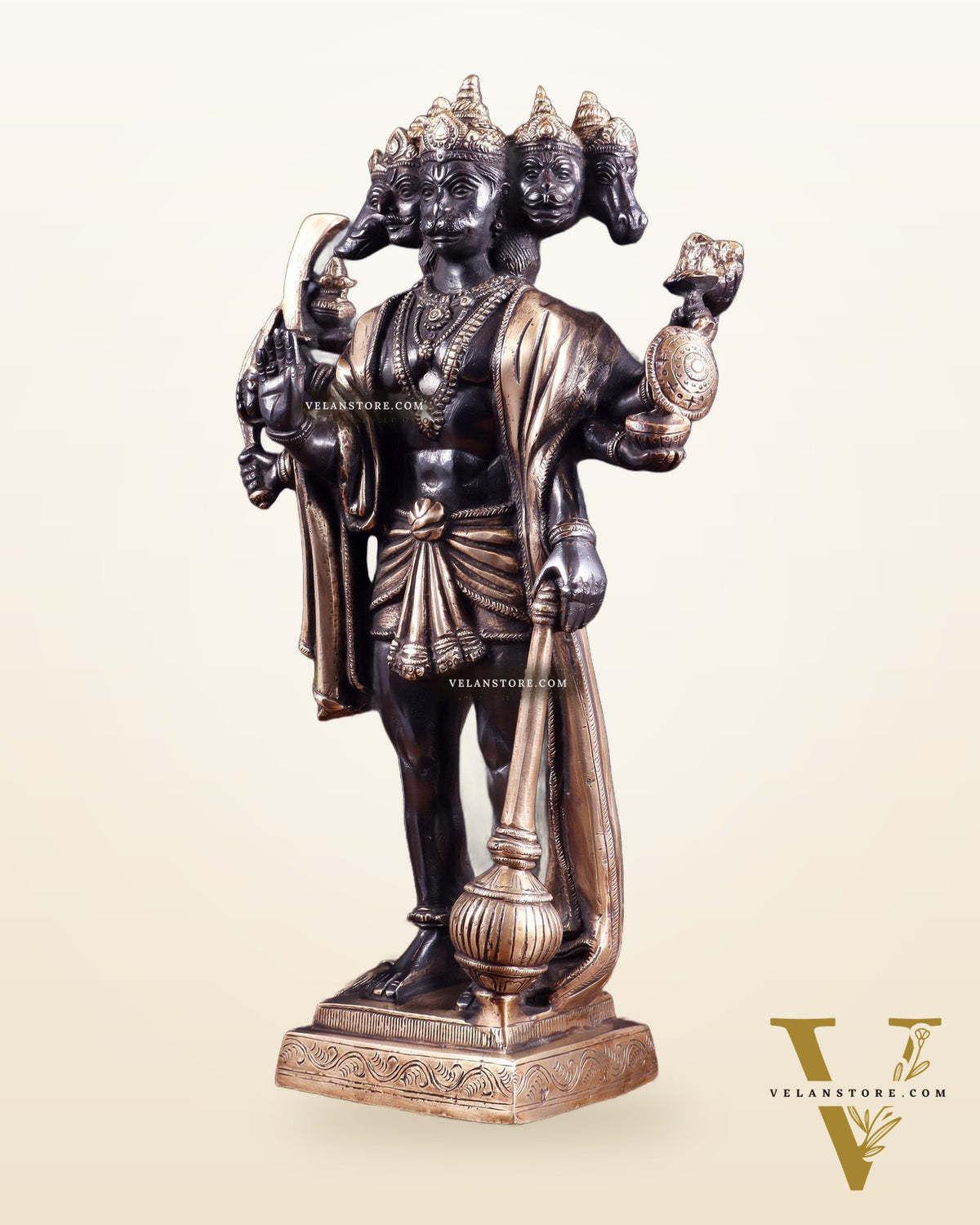 Brass Standing Panchmukhi Hanuman idol 14" black and gold finish