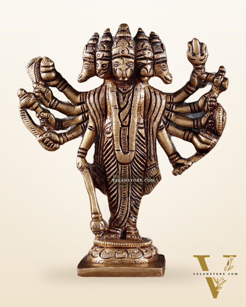 Brass Standing Panchmukhi Hanuman Idol - 5.5" Height