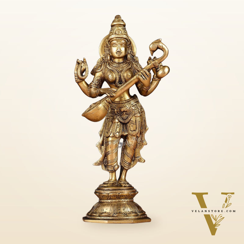 Brass Standing Saraswati Idol 10"
