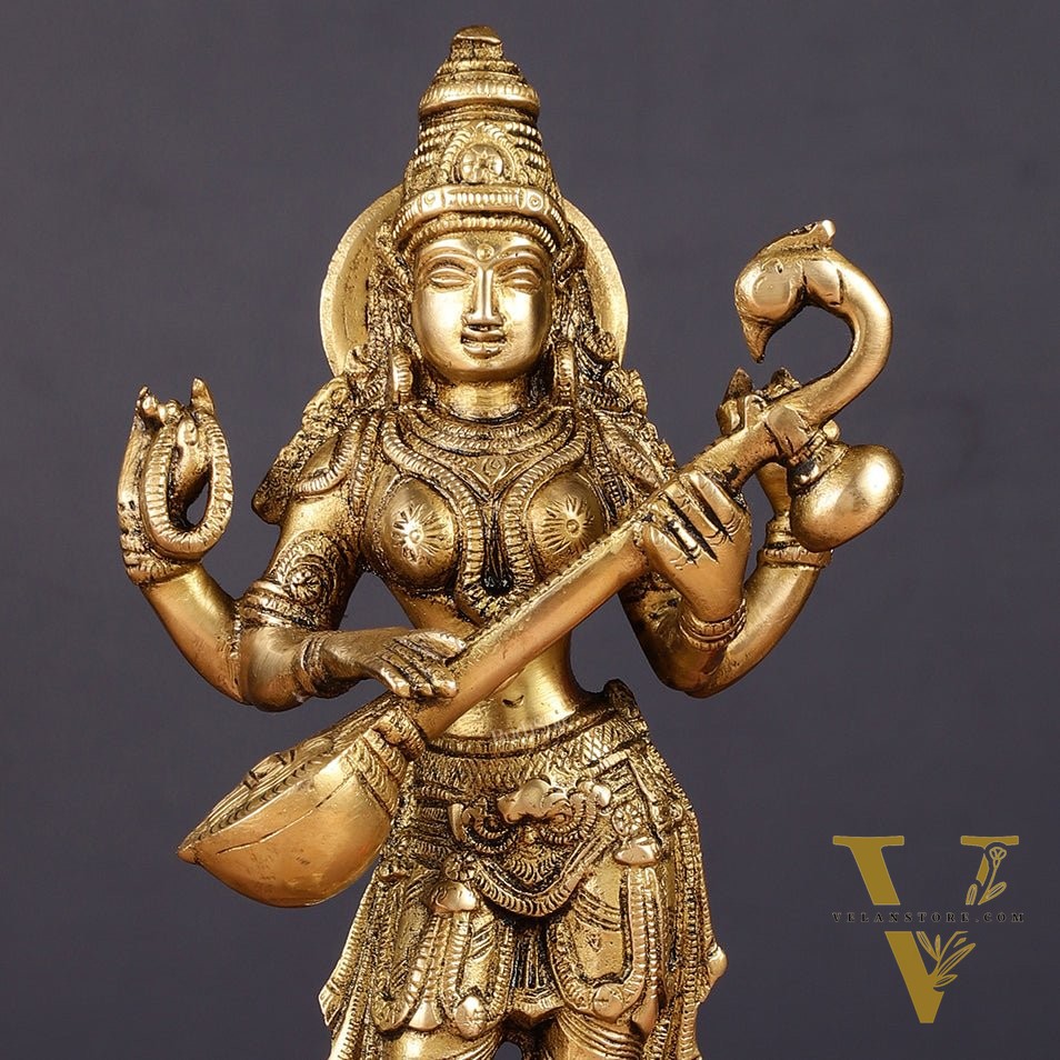 Brass Standing Saraswati Idol 10"