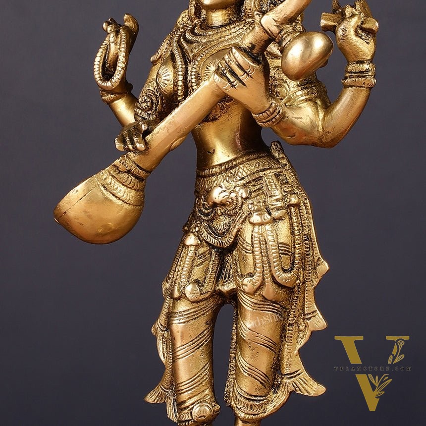 Brass Standing Saraswati Idol 10"