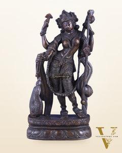 Brass Standing Saraswati with Swan Idol – Antique Bronze Tone 15 inch