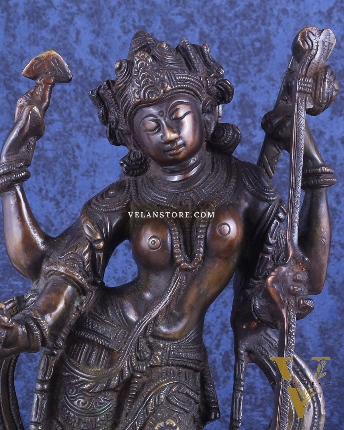 Brass Standing Saraswati with Swan Idol – Antique Bronze Tone 15 inch