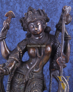 Brass Standing Saraswati with Swan Idol – Antique Bronze Tone 15 inch