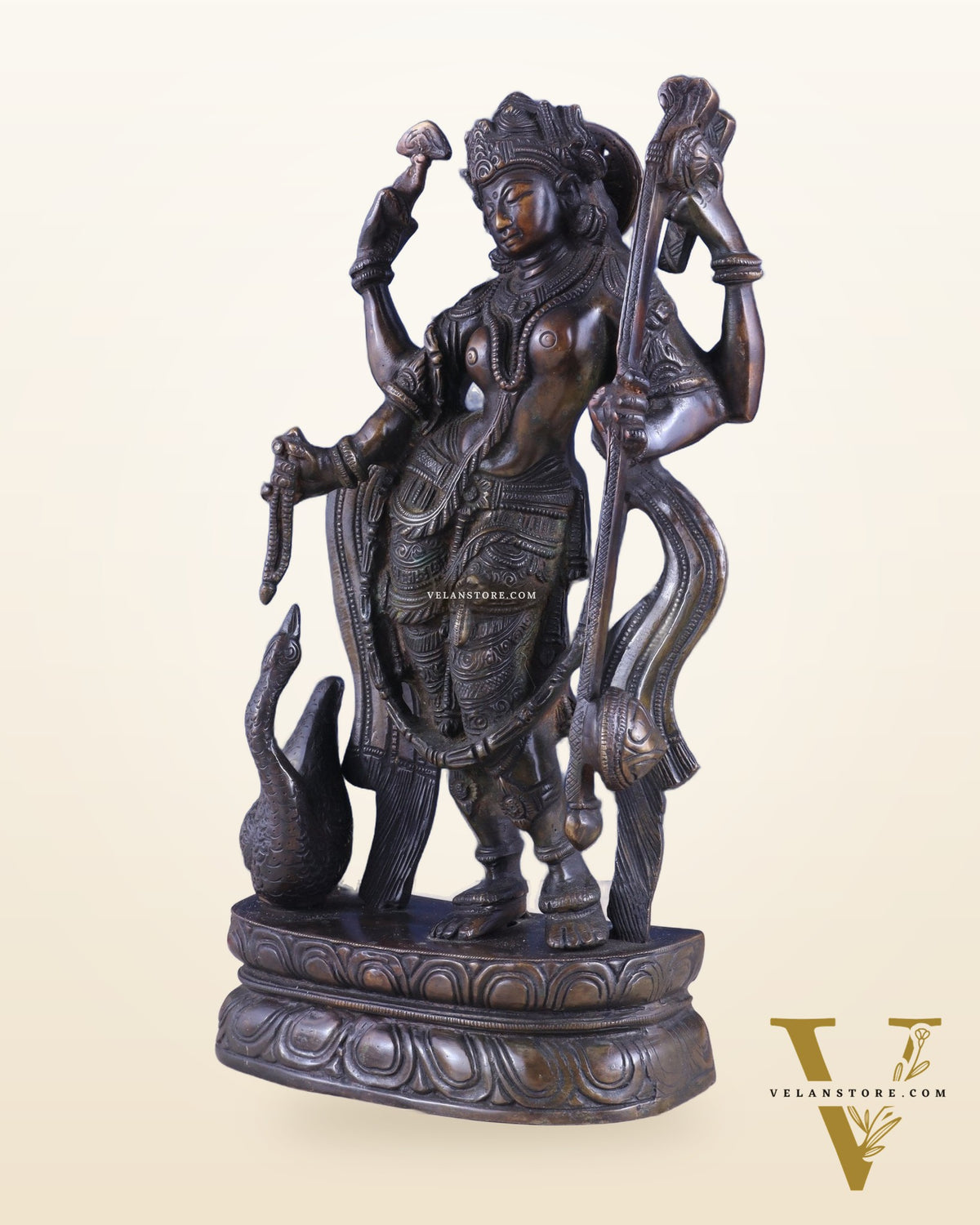 Brass Standing Saraswati with Swan Idol – Antique Bronze Tone 15 inch