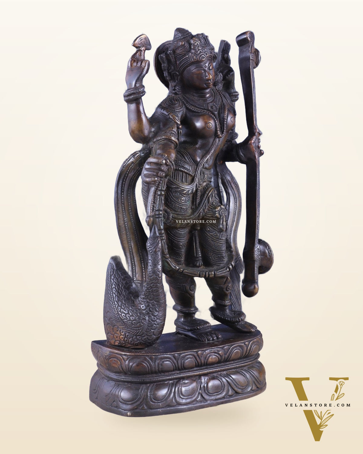Brass Standing Saraswati with Swan Idol – Antique Bronze Tone 15 inch