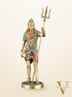 Brass Standing Shiva Statue with Damru and Trishul – 18" Height, Meenakari Stonework