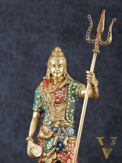 Brass Standing Shiva Statue with Damru and Trishul – 18" Height, Meenakari Stonework