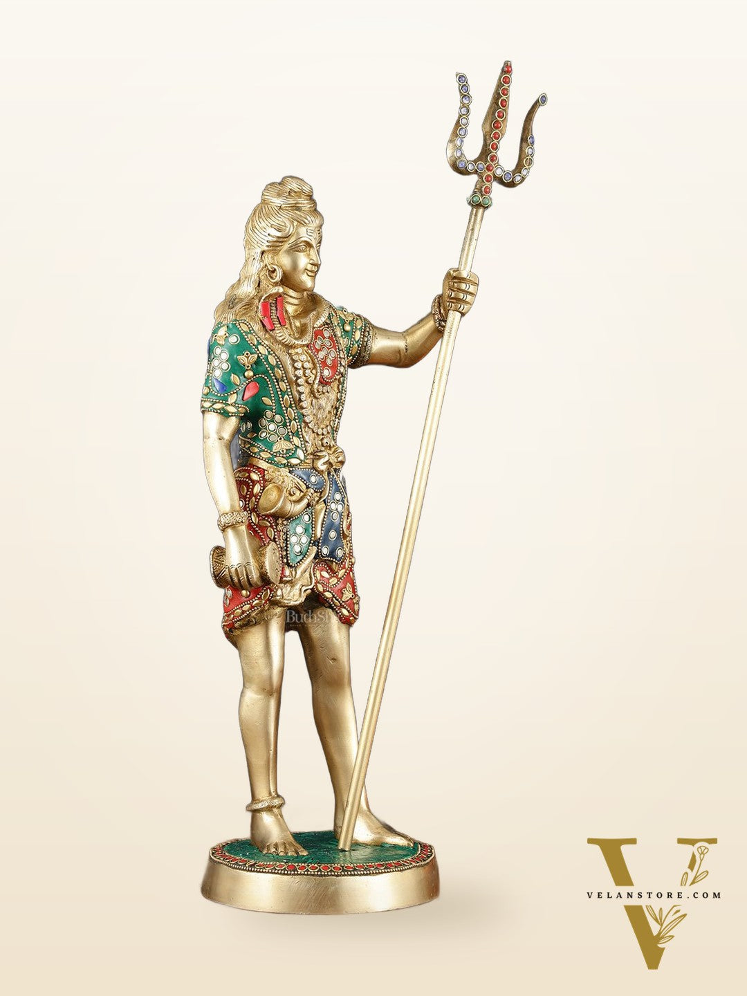 Brass Standing Shiva Statue with Damru and Trishul – 18" Height, Meenakari Stonework