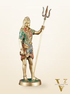 Brass Standing Shiva Statue with Damru and Trishul – 18" Height, Meenakari Stonework