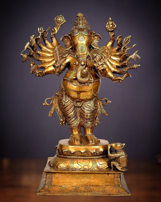 Brass Standing Vir Ganesha with 16 arms 23 "