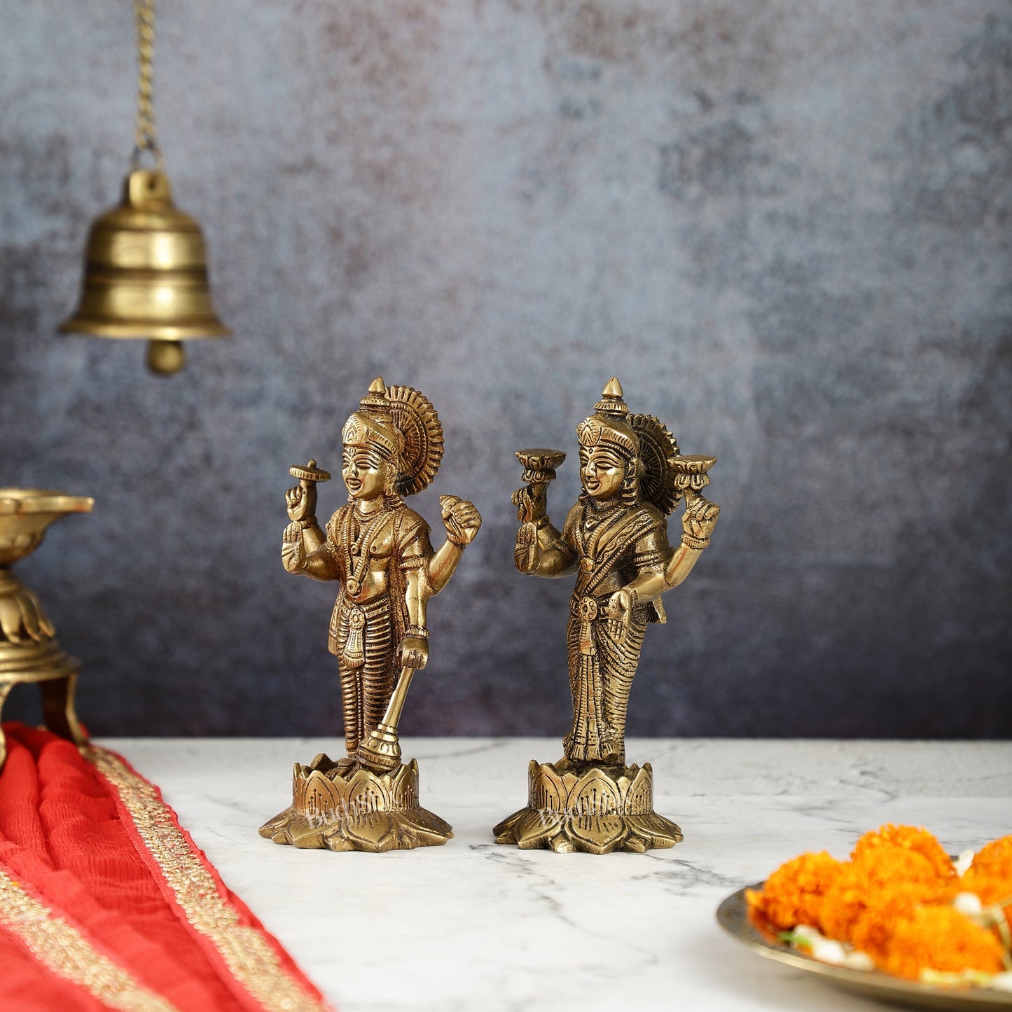 Brass Standing Vishnu Lakshmi 7" antique finish