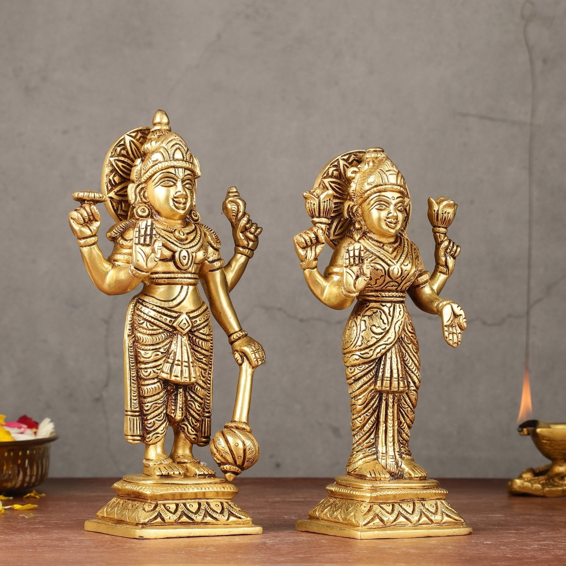 Brass standing Vishnu lakshmi superfine idols 8 inch