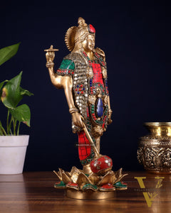 Brass Standing Vishnu Statue Satya narayan on Lotus Base - 12.5 Inch