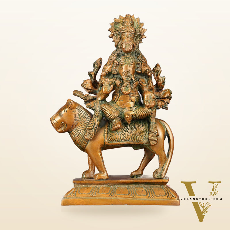 Brass Statue of Panchmukhi Heramba Ganesha - 9" Antique Bronze Finish